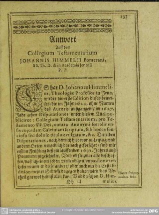 Anwort Auff das Collegium Testamentarium Johannis Himmelii Pomerani, SS. Th. D. & in Academia Jenensi P. P.