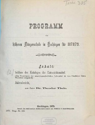 Programm der Höheren Bürgerschule in Hechingen : für das Schuljahr ..., 1878/79