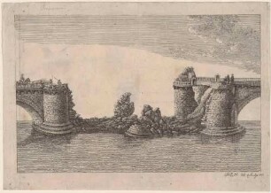 Die durch französische Truppen am 19. März 1813 gesprengte Elbbrücke (alte Augustusbrücke) in Dresden