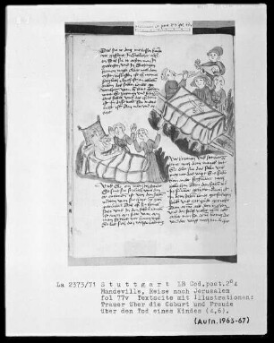 Jean de Mandeville, Reise nach Jerusalem — Textseite mit zwei Illustrationen, Folio 77verso