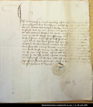 Hero Maurits von Dornum quittiert der Gräfin Theda von Ostfriesland über 300 Gulden = OUB II, Nr. 1130, S. 204. Aufgedrücktes Siegel erhalten