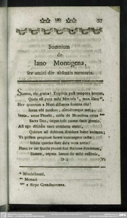 Somnium de Iano Montigena, seu amici diu absentis memoria