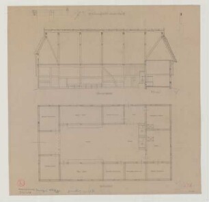 Lenzerwische (Kreis Westprignitz): Bauernhof am Deich. [Bauernhaus] (Grundriss Erdgeschoss, Längsschnitt)