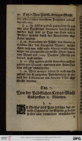 Cap. 7: Von der Päbstl. Kriegs-Macht/Einkünfften Müntzen