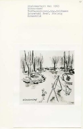 Kinderdorf am Stadtrand, Berlin-Heiligensee (Diplomarbeit bei Peter Poelzig): Spielplatz, Gemeindehaus, Dorfleiter, Perspektivische Ansicht