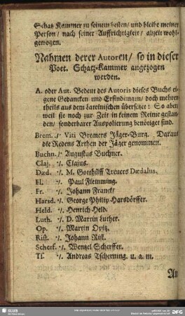 Nahmen derer Autoren, so in dieser Poet Schatz-Kammer angezogen werden