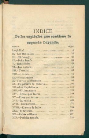 Índice de los capítulos que contiene la segunda leyenda.