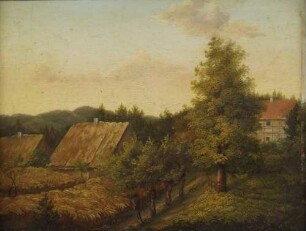 Landschaft mit drei Häusern und Kornfeld