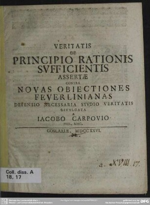 Veritatis De Principio Rationis Sufficientis Assertae Contra Novas Obiectiones Feuerlinianas Defensio Necessaria Studio Veritatis