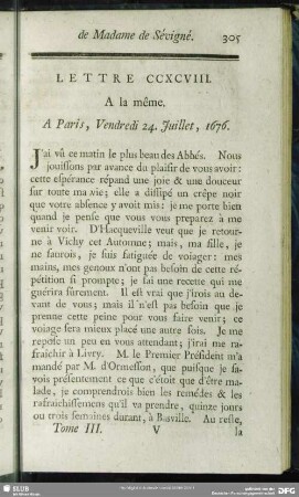 Lettre CCXCVIII. A la même. A Paris, Vendredi 24. Juillet, 1676