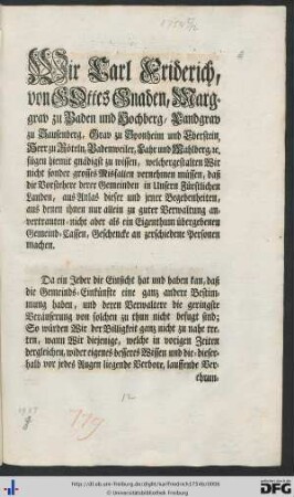 Wir Carl Friderich, von Gottes Gnaden, Marggrav zu Baaden und Hochberg ...