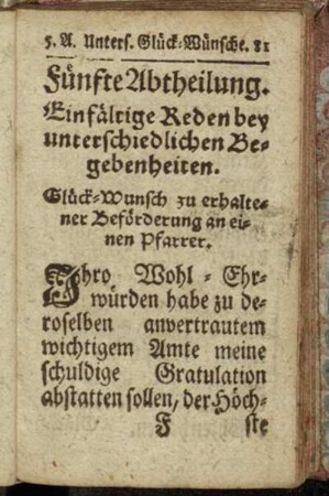 Fünfte Abtheilung. Einfältige Reden bey unterschiedlichen Begebenheiten.