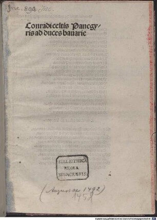 Conradi Celtis Panegyris ad duces Bavarie