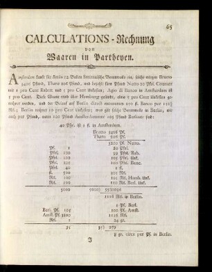 Calculations-Rechnung von Waaren und Partheyen.