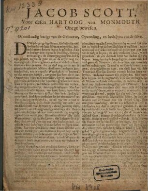 Jacob Scott, Voor desen Hartoog van Monmouth Onegt bewesen, Of omstandig berigt van de Geboorte, Opvoeding, en bedrijven van de selve