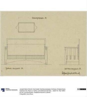 Darmstadt, Dreihäusergruppe, Eckhaus, Erdgeschoss, Wohnzimmer, Raum 3, Aufriss und Seitenansicht des Sofas sowie Aufriss des Wandspiegels