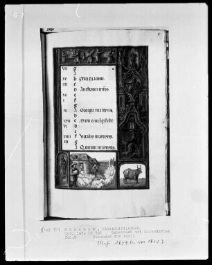 Gebetbuch mit Kalendarium — Buchseite mit Monatsbild April und Tierkreiszeichen, Folio 8recto