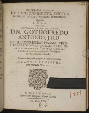 Disputatio Iuridica, De Aedilitio Edicto, Evictionibus, Et De Rescindenda Venditione