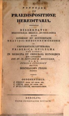 Nonnulla de praedispositione hereditaria : dissertatio inauguralis medico-pathologica