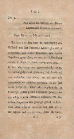 No. 9. Aan Zijne Excellentie den heere Maarschalk Prins van Eckmuhl