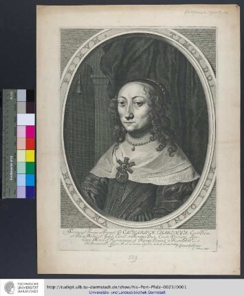 Serenissimæ Principi ac Dominæ, D. Catharinæ Charlottæ, Comiti Palatinæ Rheni, Bavariæ, Juliæ, Cliviæ, et Montium Duci, Comiti Veldentij, Sponheimij, Marchiæ, Ravenspurgi, et Moersij, Dominæ in Ravenstein hanc Serenissimæ Pr. effigiem A. se ad vivam depictam, dedicat Consecratq[ue] Joannes Spilbergius