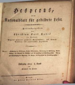 Hesperus : encyclopädische Zeitschrift für gebildete Leser. 1813, 1813