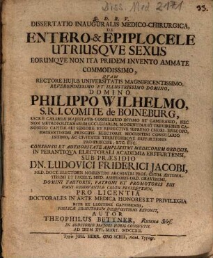Dissertatio Inauguralis Medico-Chirurgica, De Entero- & Epiplocele Utriusqve [Utriusque] Sexus Eorumqve [Eorumque] Non Ita Pridem Invento Ammate Commodissimo