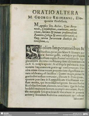 Oratio Altera M. Georgii Reimanni, Eloquentiae Professoris