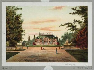 Das Palais im Großen Garten in Dresden von der Hauptallee mit den Kentaurenskulpturen von Antonio Corradini nach Osten