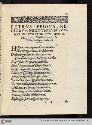 Petrus Lepidus, regiorum negotiorum summus procurator apud Mediomatricos, Virdunenses & Tullios, in effigiem Iani Iacobi Boissardi