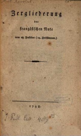 Zergliederung der französischen Note vom 28. Fructidor (14. Herbstmonat)