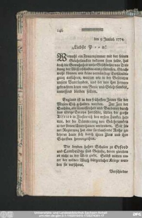 den 9. Junius, 1774. Liebste P-n!