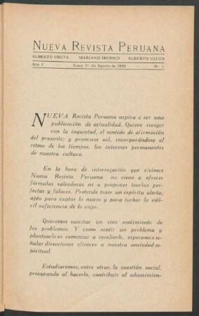 [Nueva Revista Peruana - Nota de Editor]