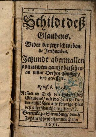 Schildt deß Glaubens, Wider die jetzt schwebende Irrthumben