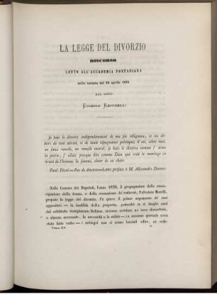 LA LEGGE DEL DIVORZIO DISCORSO LETTO ALL'ACCADEMIA PONTANIANA nella tornata del 16 aprile 1882