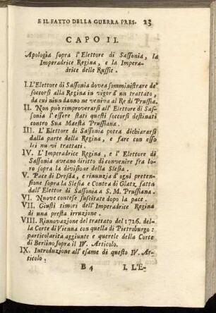 Capo II. Apologia sopra l Elettore di Sassonia, la Imperadrice Regina, e la Imperadrice delle Russie.