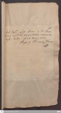 Testimonium von August Hermann Francke für Johann Nicolaus Curt.