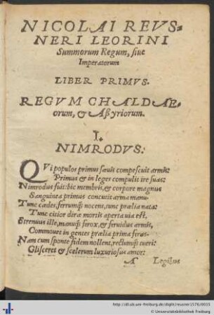 Nicolai Reusneri Leorini Summorum regum Liber Primus.