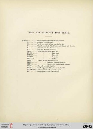Table des Planches hors Texte