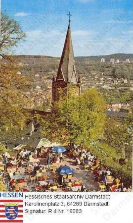 Marburg/Lahn, Bückingsgarten / Blick vom Schloss auf Bückingsgarten und den Turm der Pfarrkirche