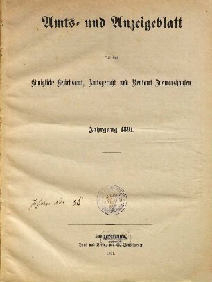Amts- und Anzeigeblatt für das Königliche Bezirksamt Zusmarshausen. 1891