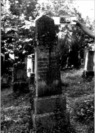 Grabstein 52 (Index: 100109286) Material: Sandstein oder Marmor (?), Sockel Kalkstein Zustand: leicht verwittert Maße HxBxT: 183x46x46 cm Beschreibung: Obelisk, getreppter Sockel Symbolik: Blumengirlande Steinmetz: Beerli, Mammern Besonderheit: Nummer auf Rückseite: 150: Grabstein 52