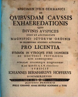 Specimen Ivris Germanici De Qvibvsdam Cavssis Exhaeredationis
