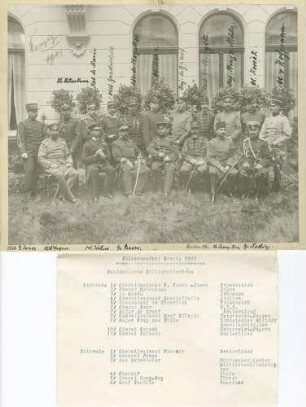 Kaisermanöver bei Danzig 1901: (achtzehn Personen) auswärtiger Militärbevollmächtigter als Manöverbeobachter teils stehend, teils sitzend in Garten vor herrschaftlichem Gebäude