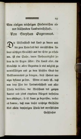 Von einigen wichtigen Hindernißen einer blühenden Landwirthschaft. Von Stephan Gugenmus.