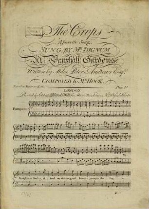 The Crops A favorite Song, SUNG BY M.R DIGNUM At Vauxhall Gardens, Written by Miles Peter Andrews Esq.r COMPOSED by M.R HOOK. Enter'd et Stationers Hall. (Ye Nymphs and Swanns)