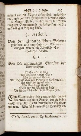 3. Articul. Von den Uncatholischen Scheingründen, und ungründlichen Einwendungen wider die Römisch-Catholische Kirche.