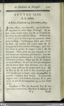 Lettre CLXX. A la même. A Paris, Vendredi 24. Novembre, 1673