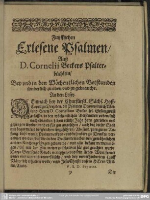 Funfftzehen Erlesene Psalmen, Auß D. Cornelii Beckers Psalter-büchlein