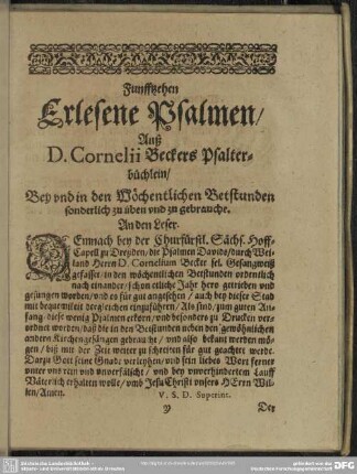 Funfftzehen Erlesene Psalmen, Auß D. Cornelii Beckers Psalter-büchlein